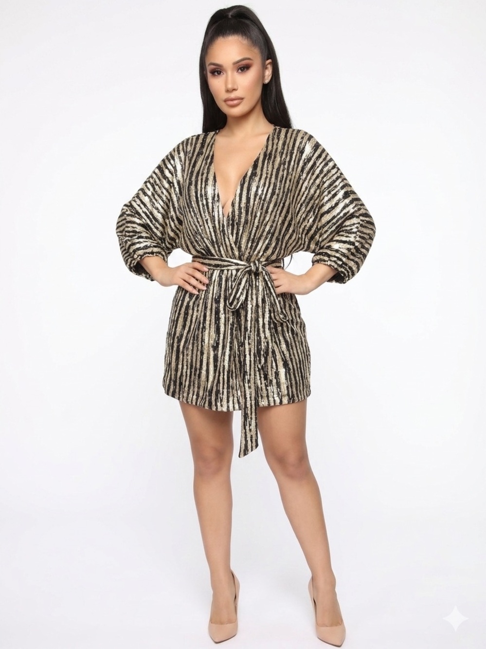 Fashion Nova Gold and Black Striped Plunging Jumpsuit